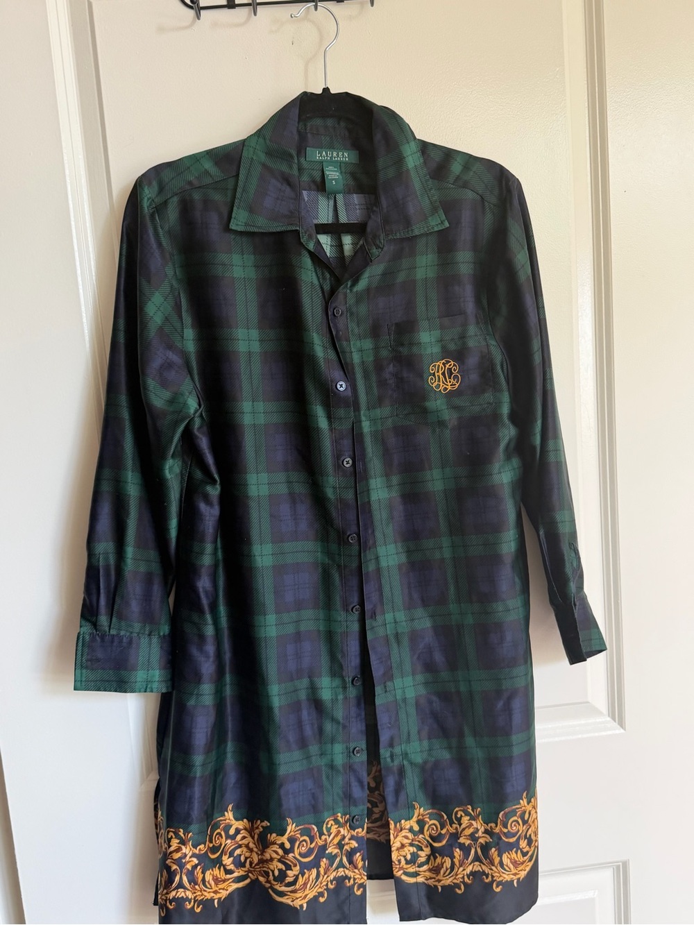 Ralph Lauren Green & Navy Plaid Shirt Dress with Gold Trim